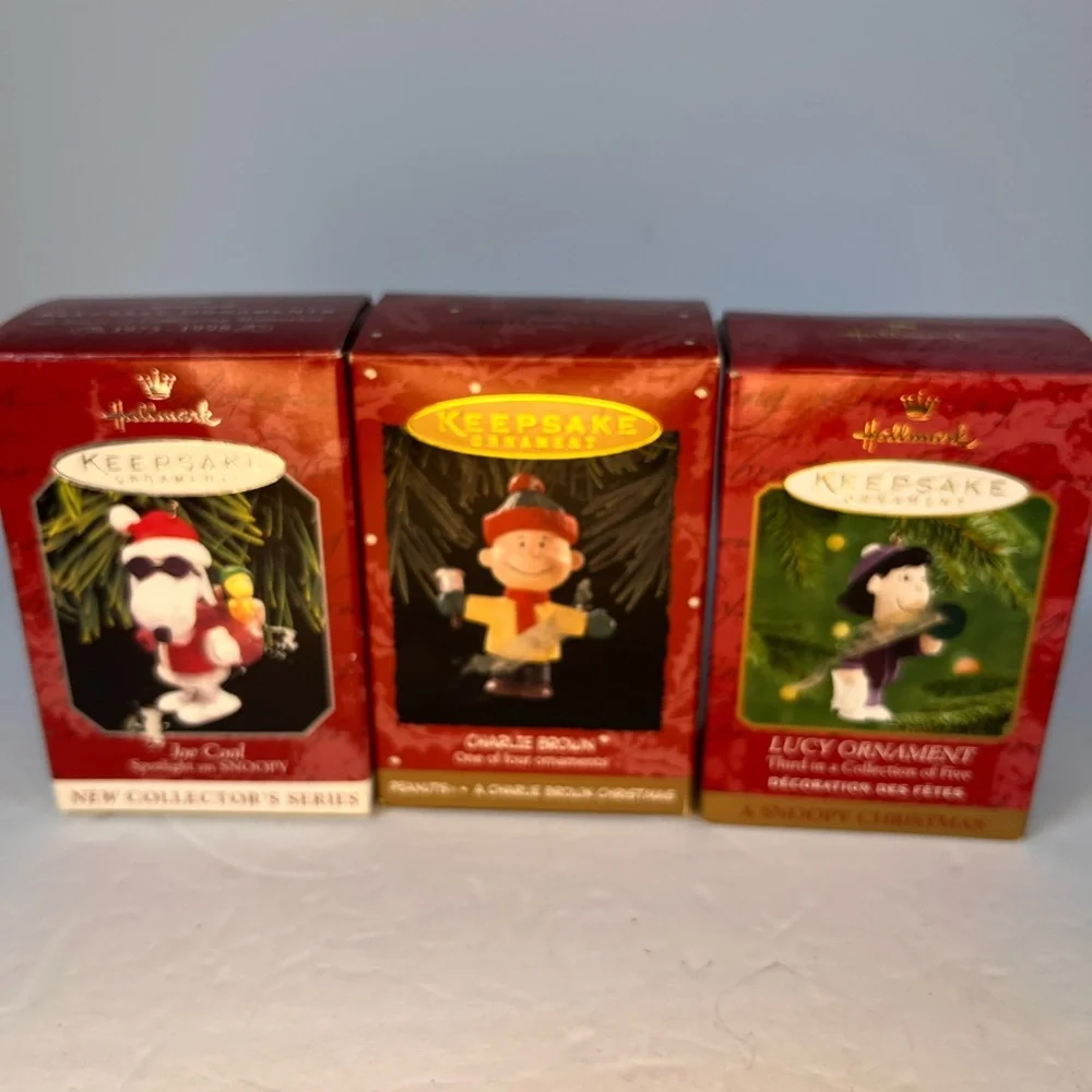 Hallmark Keepsake Peanuts Snoopy Joe Cool 1998 Charlie Lucy Christmas Ornaments.